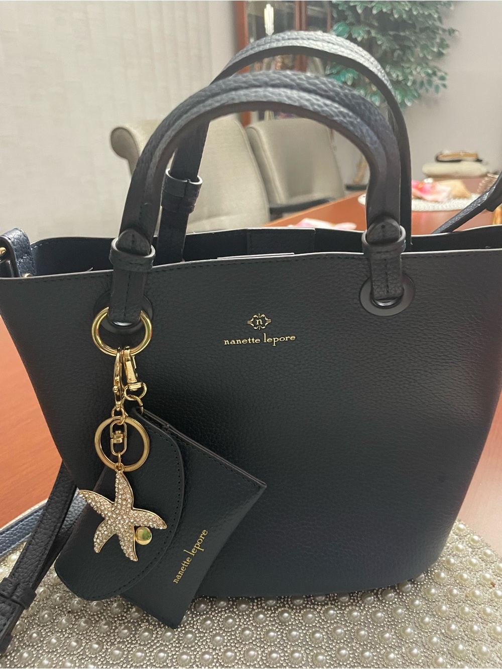 Nanette Lepore Black Pebbled Leather Tote with Starfish Charm